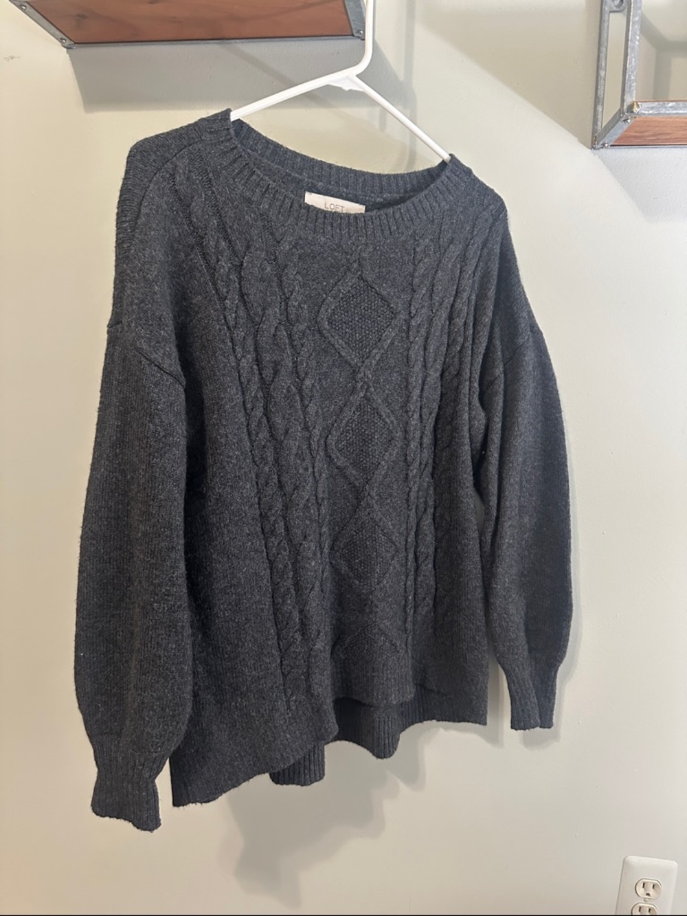 LOFT Charcoal Cable Knit Crewneck Sweater